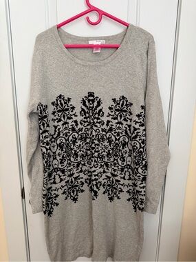 Studio One Gray Midi Sweater Dress with Black Damask Pattern